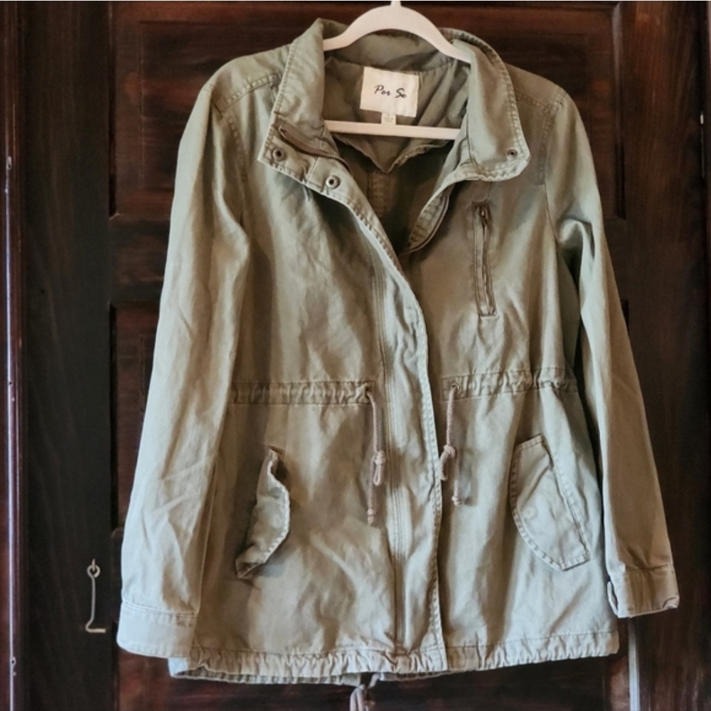Per Se Canvas Olive Green Utility Jacket Rugged Size Large POCKETS Drawstring - Picture 7 of 16